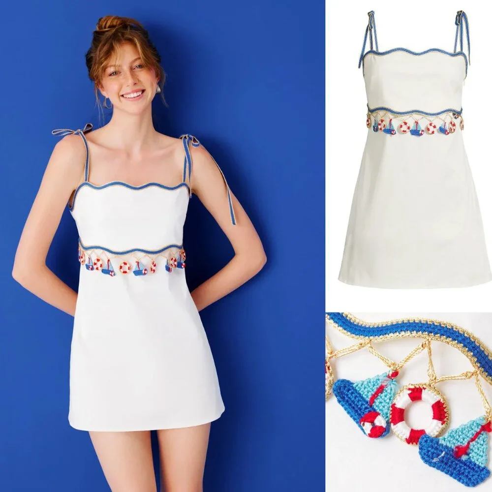 My Beachy Side Muse WHITE NAUTICAL CROCHET SAIL BOAT MINI DRESS LARGE NWT L - Picture 11 of 11
